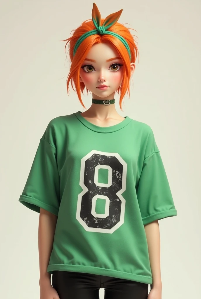 Female character with short orange hair tied up like a headband and a green shirt with the number 8 in white and black pants with white shoes 