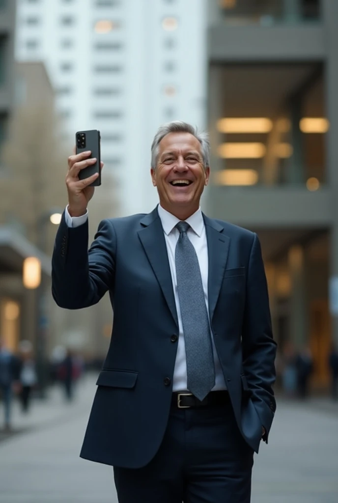 happy businessman with cell phone in hand