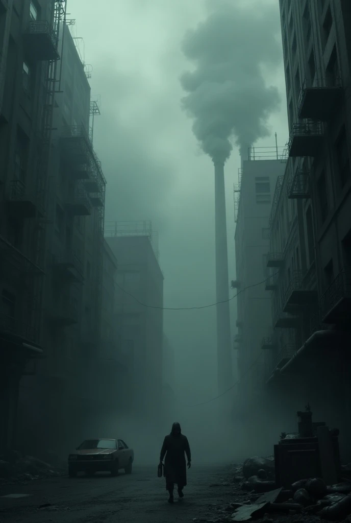 A city polluted by black smoke in the sky