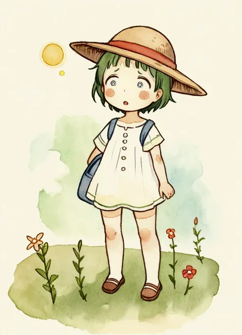 illustration,(Draw a with a sad expression),( with open mouth and disappointed expression),The is shocked and depressed.,The is wearing summer clothes,(The background is a garden in a residential area),Optimal configuration,break, is carrying a backpack,st...