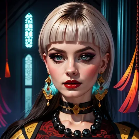 Silhouette Art, breathtaking detailed, masterpiece, awe-inspiring, radiant, magnificent, dark background, photorealistic portrait of stunning oriental fantasy warrior, long white bob, bangs, lips parted, dark eyeshadow, red lips, make-up, orange cocktail d...