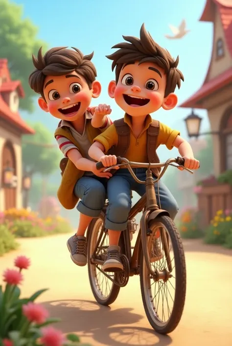 a 3d disney character of two   boys riding bicycle