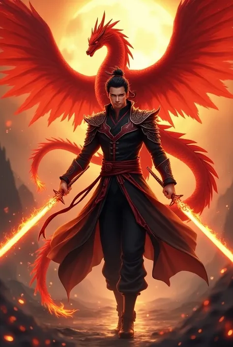 (A man with red eyes, black and red hair, wearing black and red martial suit holding two fire dragon blades exuding red fiery aura, on his right side there is a western red dragon, on his left side there is an eastern red fire dragon , and there is a red f...