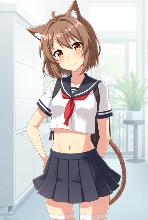 Neko anime girl scholl pants navel open outfit