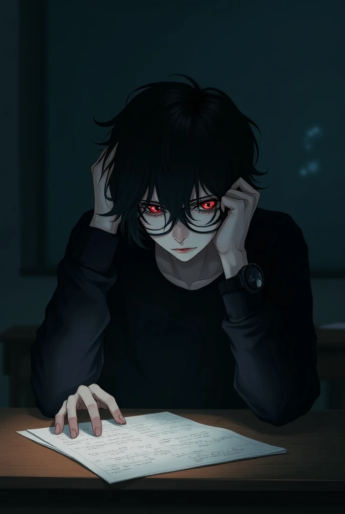 a  boy, white skin, blood-red eyes ,  he wears glasses to look in black ,  his hair is black and medium length ,  reaches his shoulders and he is straight and a little wavy ,  his expression is serious and slightly sad ,  he rests his hand on his head on h...