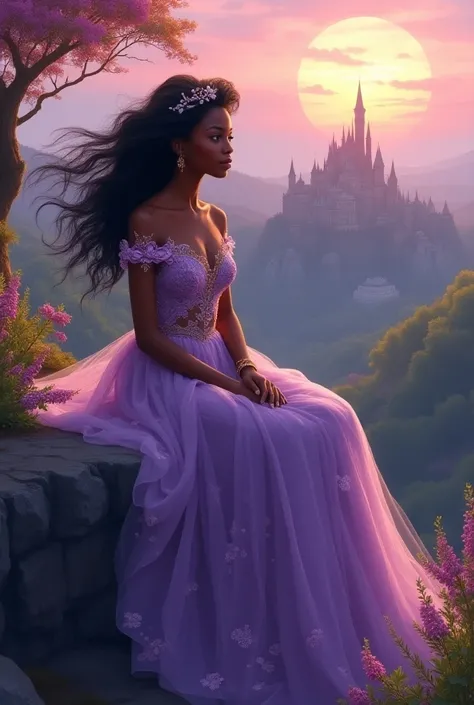 A black princess with big hair and afro in the wind and detailed lilac dress ,  sitting on a cliff looking at a royal city full of trees and flowers that lead to a castle in the distance, behind the castle there is a sunset in shades of purple .