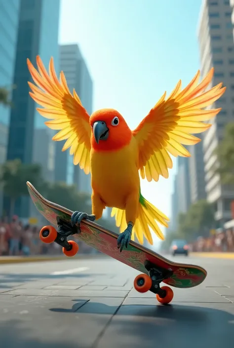 Sun conure qui fait du skate 