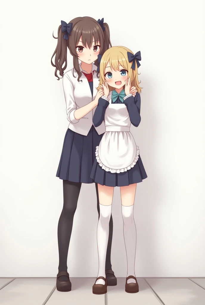 2 girls, one Short petite girl, standing over a second girl , second girl looks like roxy migurdia  and looking up at the first girl, second girl looks embarrassed, lifelike, full portrait, anime

Girl 1: small, petite, wearing school uniform, smug look, t...