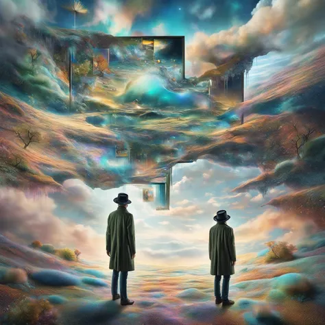 With his back to us, a man in a hat and coat ,  is trying to enter a picture that is large all over the wall with a holographic image of a surreal landscape,  with the consequences of a lack of gravity . magical realism. , a hyperrealistic holographic land...