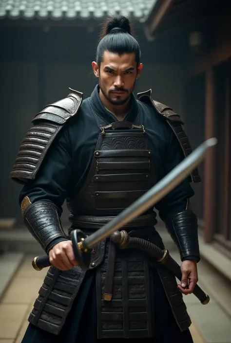 asian male samurai holding big sword ready to fight looking to the camera