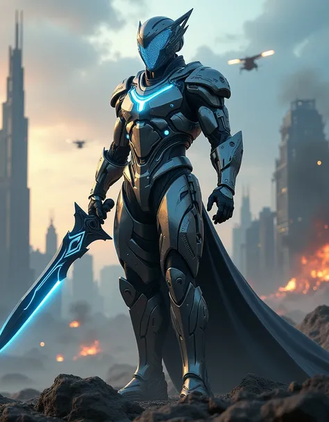 Create an image of a majestic futuristic warrior standing tall on a battlefield at dusk. The warrior wears advanced, sleek armor made of shining metallic alloys, with intricate glowing patterns that pulse with energy. His helmet is designed with a visor th...