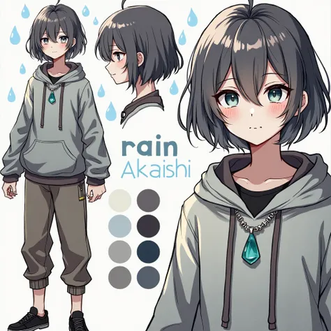 Heres a detailed description of your character, Rain Akaishi:


---

Character Name: Rain Akaishi

Physical Appearance:
Rain is a medium-petite young woman, standing at about 5’3”. She has charcoal grey hair that falls to her shoulders in a tousled, effort...