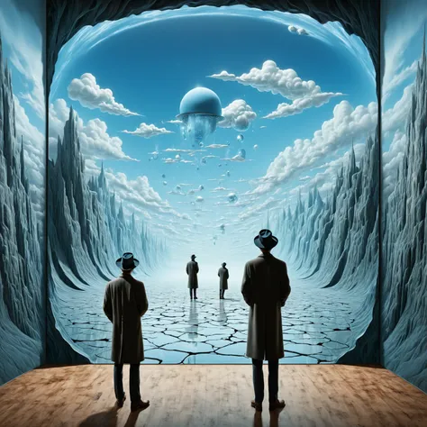 With his back to us, a man in a hat and coat ,  is trying to enter a picture that is large all over the wall with a holographic image of a surreal landscape,  with the consequences of a lack of gravity . magical realism. , a hyperrealistic holographic land...