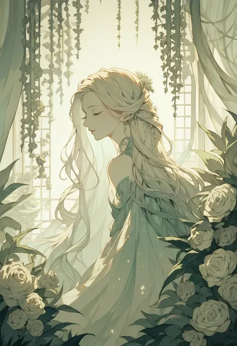 a beautiful young girl in a peaceful garden, long flowing hair, dreamy expression, ethereal and serene, surrounded by vibrant flowers, sunlight filtering through the leaves, tranquil and calming atmosphere, delicate and graceful, cinematic lighting, muted ...