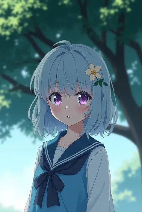 ( anime-style female character )+(appearance:purple eyes, worried cyan , flower in the hair ,flower-shaped pupils,light skin)+(Clothes:Japanese-style school uniform )+(pose:  worried standing under a tree)