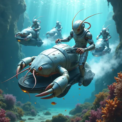 Generate an image of a human-crayfish hybrid with plasma-glowing silver armor riding on an amphibian underwater scooter. The hybrid is being pursued by crab-looking bandits riding on similar scooter but different design.