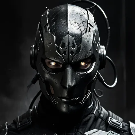 (realistic),masterpiece,metal face mask, snake eyes, connectors on the head,a close-up image of a character with an intimidating...