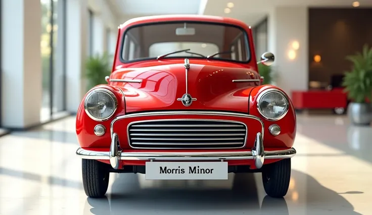 Classic Morris Minor captured from straight Close  frontview In Red color Morris Minor logo  on front and write Morris Minor on front number plate and with  Lexury Bright showroom background with white gleamy floor  and full 3d rendering on car body with u...