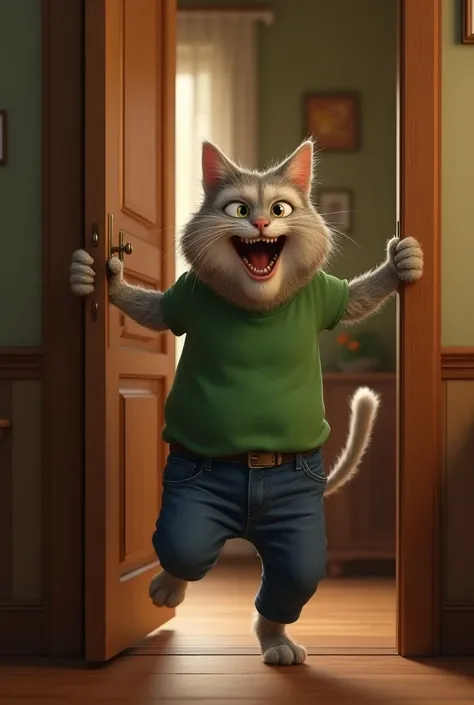 A happy cat grandfather in green tshirt And blue jeans comes in to his house and slams the door hard on the wall ai image