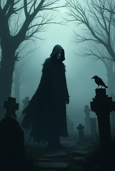 make a dark gothic image of a man in a foggy cemetery, inspired by the raven