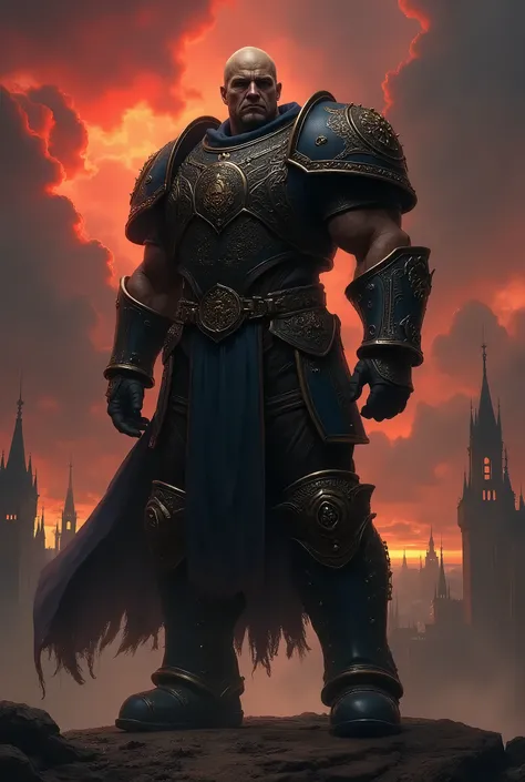 man.
 Legs with boots
With armor.
calvo.
Without Beard.
The background of the portrait is a Gothic city with a sky full of big red clouds and stars.
Warhammer 40000 art and design. 


