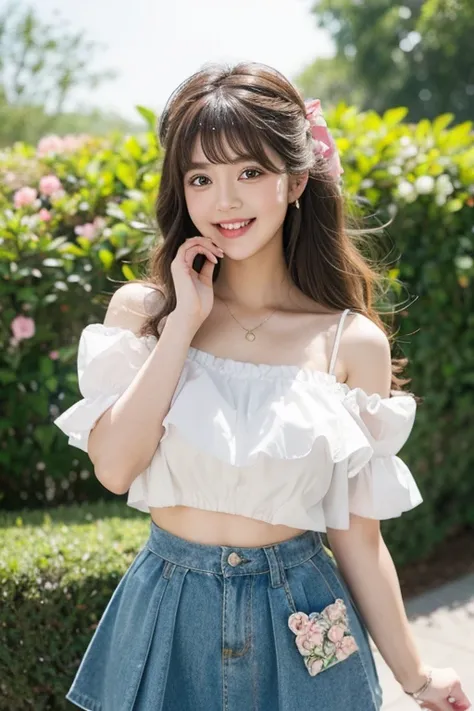 Beautiful girl,Chubby  ,Long hair,straight,Cut curly bangs ,, Big Bust ,smileมีเสน่ห์,Put on a cropped blouse in a heart shape hole, put on a short random skirt. The background is a flower garden.,Hair bow, smile, 