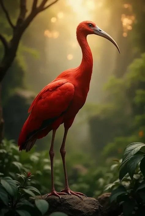 ((male bangau ibis merah:1.5, ultra detailed:1.4, majestic, imposing, elegant, fearsome, among the leaves in the middle of the China Mountain.:1.4),Hyper realistic, epic, ultra, masterpiece, sunset lighting almost at dusk, impeccable landscape, 32K ,