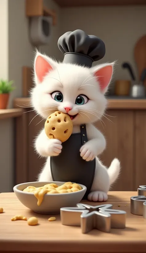 Create a playful moment where the  white kitten dips its paw into the cookie dough for a little taste. The kitten has a delighted expression, enjoying the sweet taste of the batter. Some dough is stuck to its nose, adding to the cuteness. Beside it, cookie...