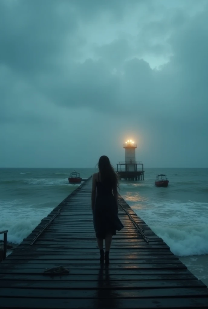 An abandoned seaside ， The waves beat the abandoned pier ，The sky is covered with dark clouds， The lighthouse in the distance shines faintly ， A woman standing at the end of the pier ，Turn your back to the viewer，Long hair fluttering in the wind， Her figur...