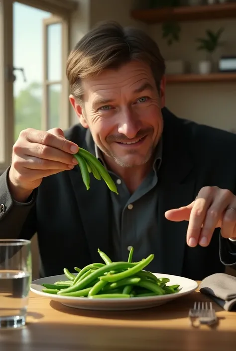 a picture of sean bean eating green beans