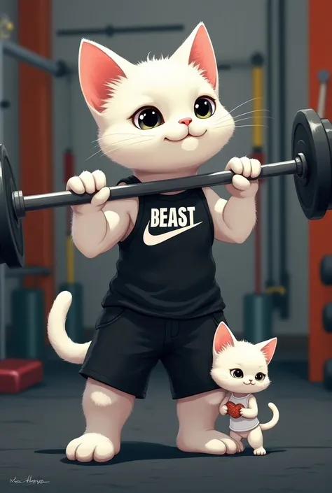 A cute white muscular kitten at the gym with a barbell in black shorts and a black tank top with the words “Beast” and the Nike logo right under the lettering and hugging a cute little white slender cat with a small barbell wears white sweatpants and a whi...