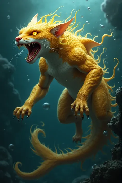 Create a dangerous golden cat + shark combined with dark see 