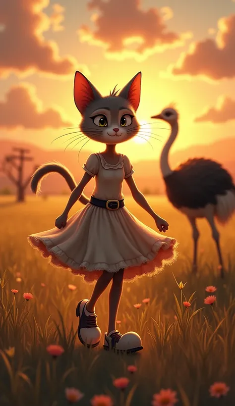 Whiskers Walking Away Victorious
The aftermath of the battle, with Whiskers walking away proudly, her dress slightly torn but shoes still on. The ostrich, looking exhausted, watches from a distance. The farm field is peaceful again, with the sun setting in...