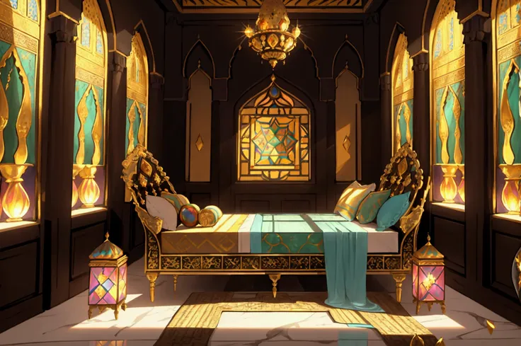 no humans, colorful, (masterpiece),(highest quality),highres, (extremely detailed), alcove bed, lectus, glass sculpture, sumeria...