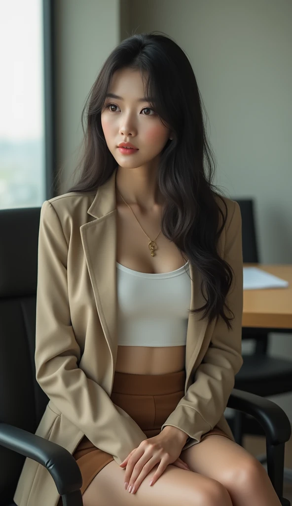 (top-quality、8k、32K、​masterpiece、nffsw:1.2)、Photo of a cute Japanese woman、1womanl、(length hair、A dark-haired:1.2、Valley:1.2)、double eyelid、Light beige suit jacket、white tank tops、brown mini skirt、Necklace with small charm、Beauty woman sitting on chair in ...