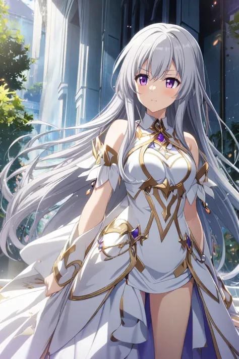 1 girl, silver hair, long hair, purple eyes, white clothes, goddess clothes, CG