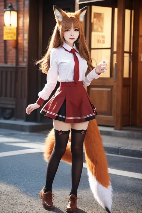 Best Quality, ((masterpiece)), (Get used to it),  perfect face, Fox Girl, Beautiful woman, public, The tail is growing, She has a fluffy tail, She has a fox tail, knee socks 　skirt