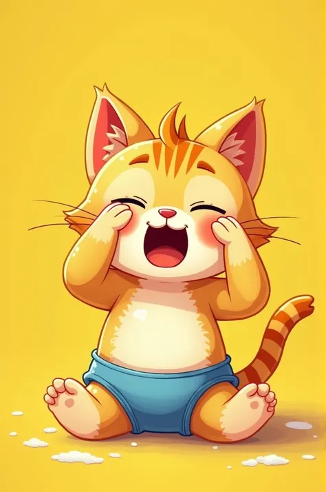 A naughty cat boy in blue diaper wales up from sleep and start crying loudly in yellow room, ai image