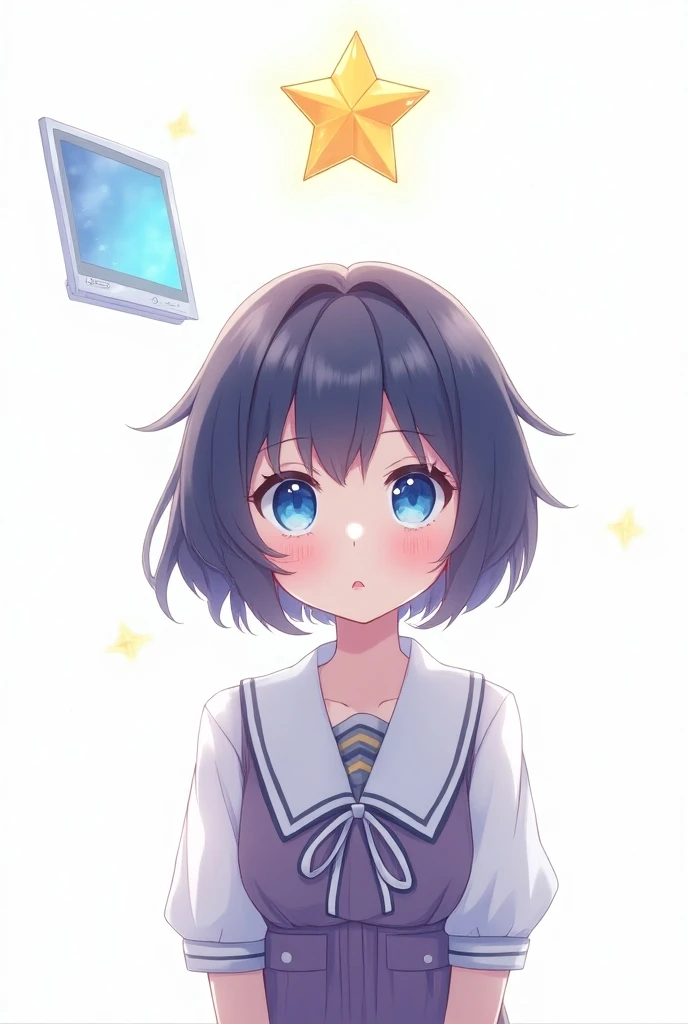 . ue eyes, short hair, wearing cute Japanese school dress on white background ,  with a boy star on his head  ,  with a floating system window on the left side  ,Anime ,Pun signature 