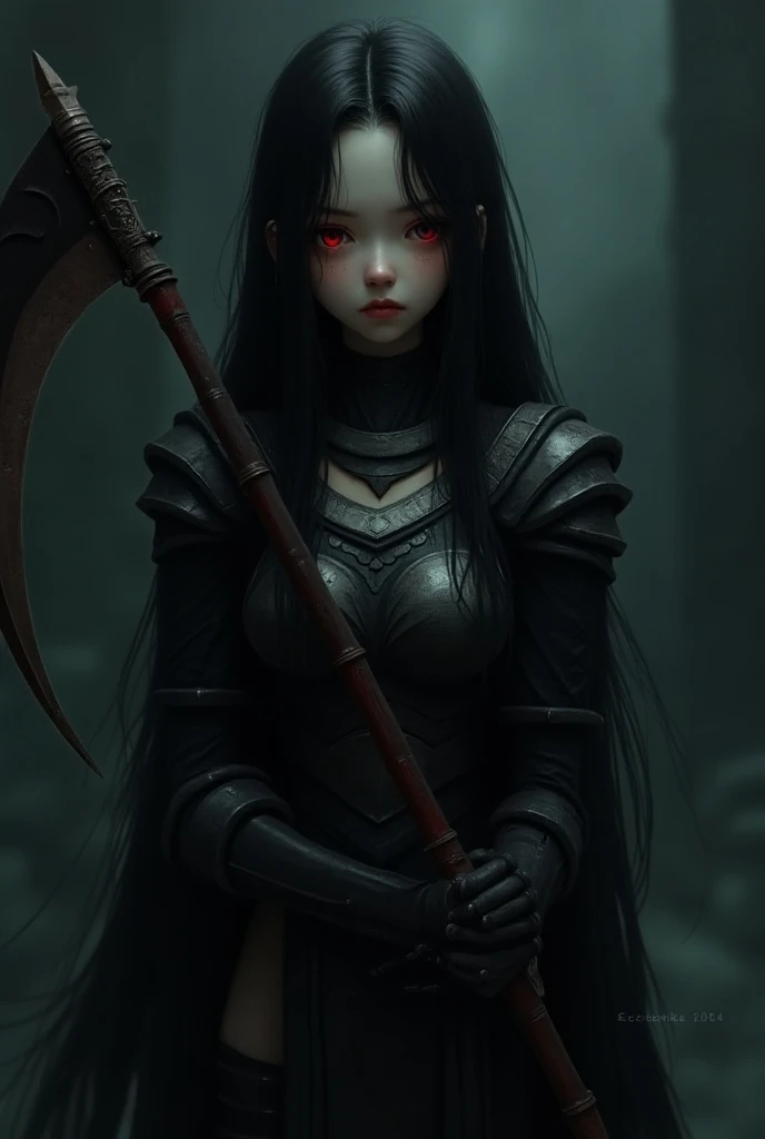 (best quality, 4K, masterpiece :1.3, 8k, ultra-detailed, ultra-masterpiece), girl, ultra-detailed face, detailed lips, detailed eyes, double eyelid, sad, (((dungeon, Dark dungeon, dungeon Background))), warrior, (((holding a scythe))), ((red eyes, black ha...