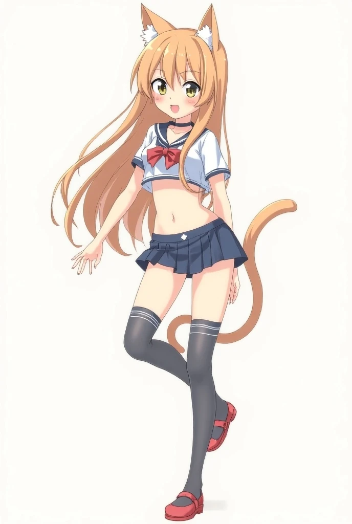 Neko anime girl scholl tshirt navel open outfit bikini pants left leg wears sock, long hair 