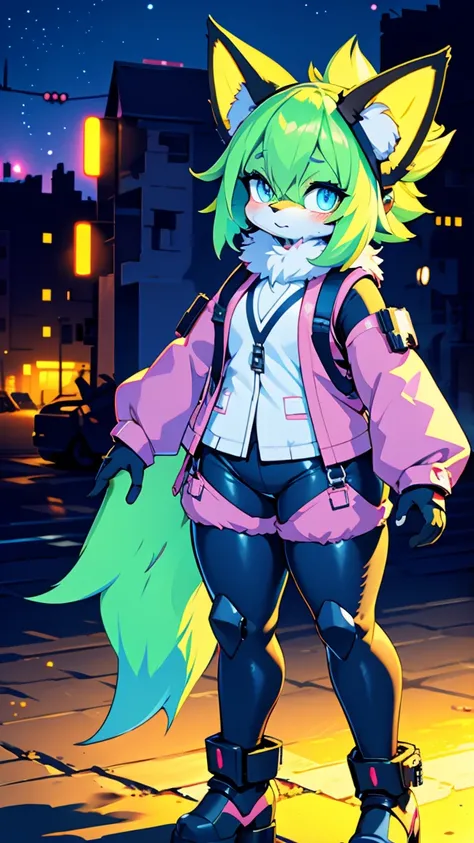 kawaii,  fluffy pink striped fox , green hair, blue eyes,  heterochromia, Alone, body hair,  (at night,  deserted city with ruins  ),  synthetic fabric skin ,  cybernetic prosthesis ,   cybernetic prosthetic servo legs ,  digital headset with HUD , Mechani...