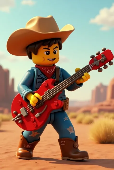 Please make me 1 picture below  western boy playing red lego guitar