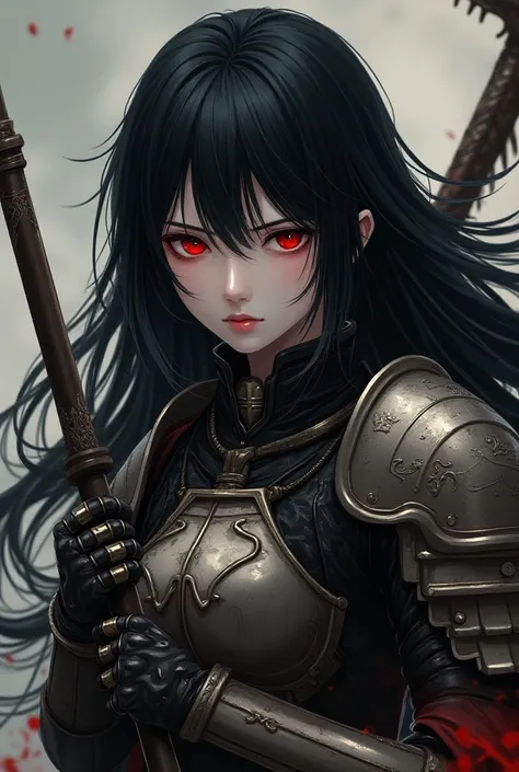 (best quality, 4K, masterpiece :1.3, 8k, ultra-detailed, ultra-masterpiece), girl, ultra-detailed face, detailed lips, detailed eyes, double eyelid, sad, warrior, (((holding a scythe))), ((red eyes, black hair)), ((((Armor covering the body)))),  full body...