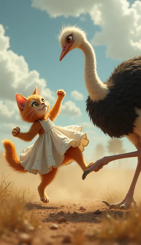 Whiskers Dodging the Ostrichs Kick
A tense moment as Whiskers, a ginger cat dress flowing, expertly dodges a kick from the ostrich. She twists mid-air, with the ostrich’s foot barely missing her. Dust is kicked up from the farm field beneath them.
