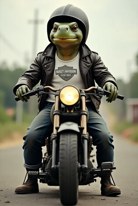 the oldest Harley Davidson motorcycle in the world, with a turtle sitting on it with two arms and two legs and wearing a helmet with a white t-shirt saying (velozes do asfalto) and on top a very realistic leather jacket, possible and image taking the motor...