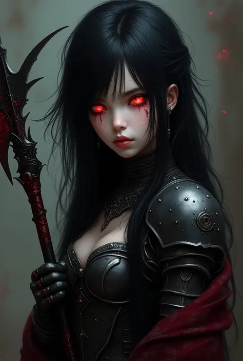 (best quality, 4K, masterpiece :1.3, 8k, ultra-detailed, ultra-masterpiece), girl, ultra-detailed face, detailed lips, detailed eyes, double eyelid, sad, warrior, (((holding a scythe))), ((red eyes, black hair)), ((((Armor covering the body)))),  full body...