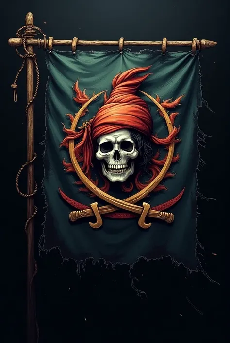 Create a pirate flag with a Tilak of shree ram on anime style 