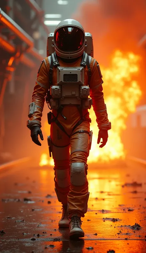 A side profile of an astronaut dressed in a futuristic space suit, walking confidently through a vibrant scene dominated by glowing gold, red, and orange hues. Small flames and fiery sparks emerge from the astronaut’s suit, adding an intense, dynamic energ...