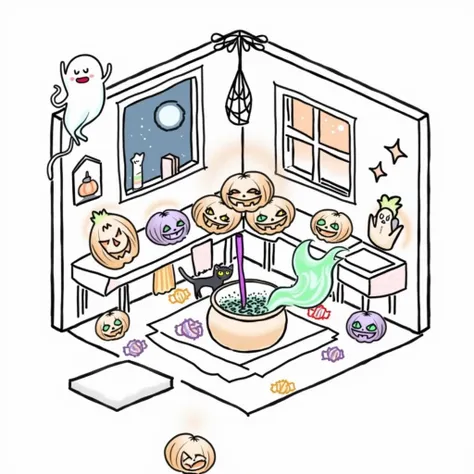 Example Theme: A Halloween-themed room filled with vibrant colors and spooky decorations.

Prompt:
"A vibrant, colorful Halloween-themed room. In the center is a bubbling cauldron with green and purple smoke swirling around it. A friendly ghost floats abov...